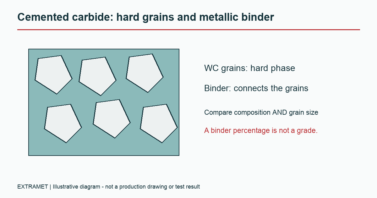 Hard WC grains joined by a metallic binder in cemented carbide