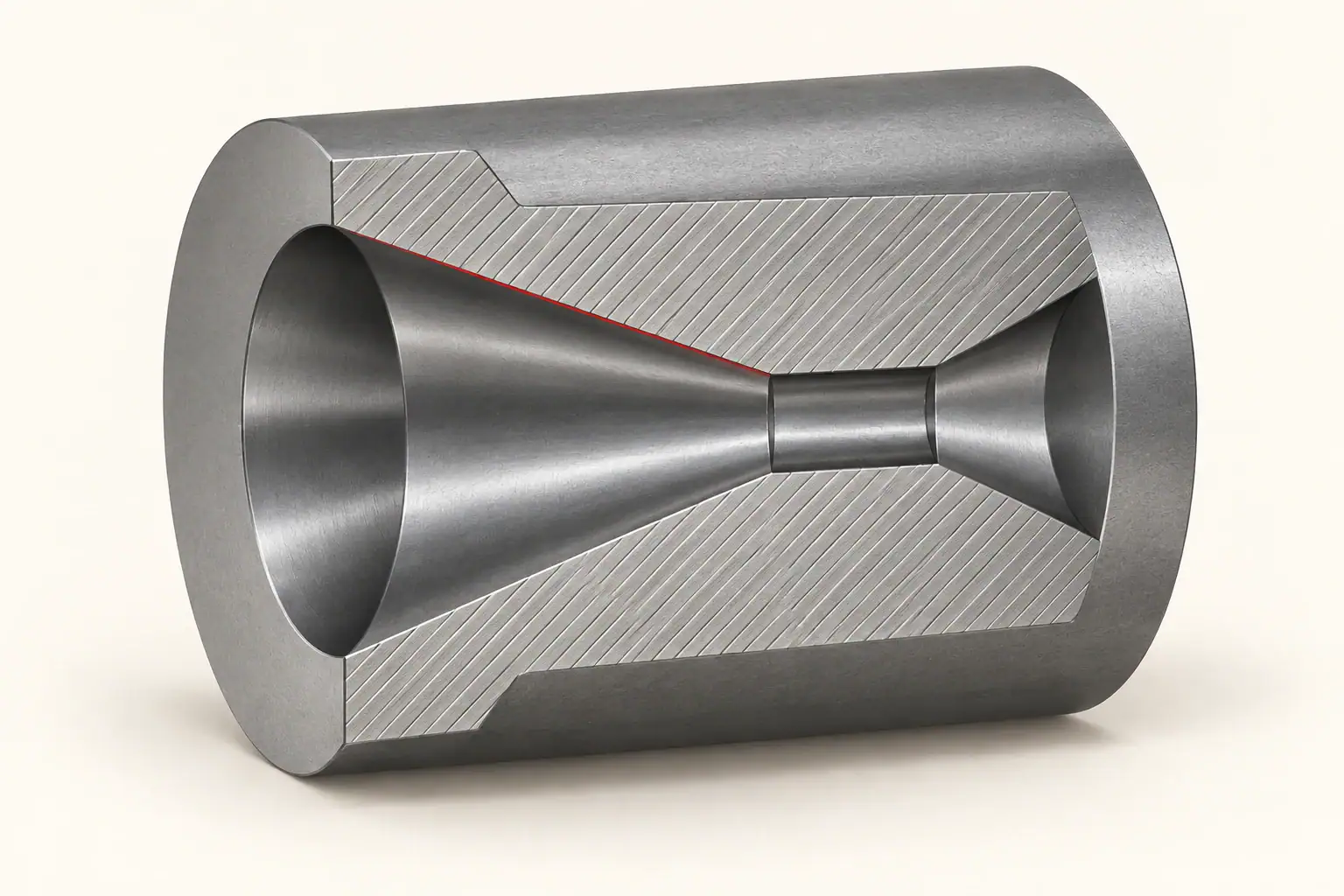 Cutaway of a carbide drawing-die nib showing the internal passage