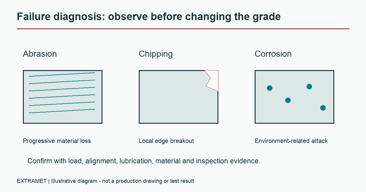 Schematic abrasion, edge chipping and corrosion patterns