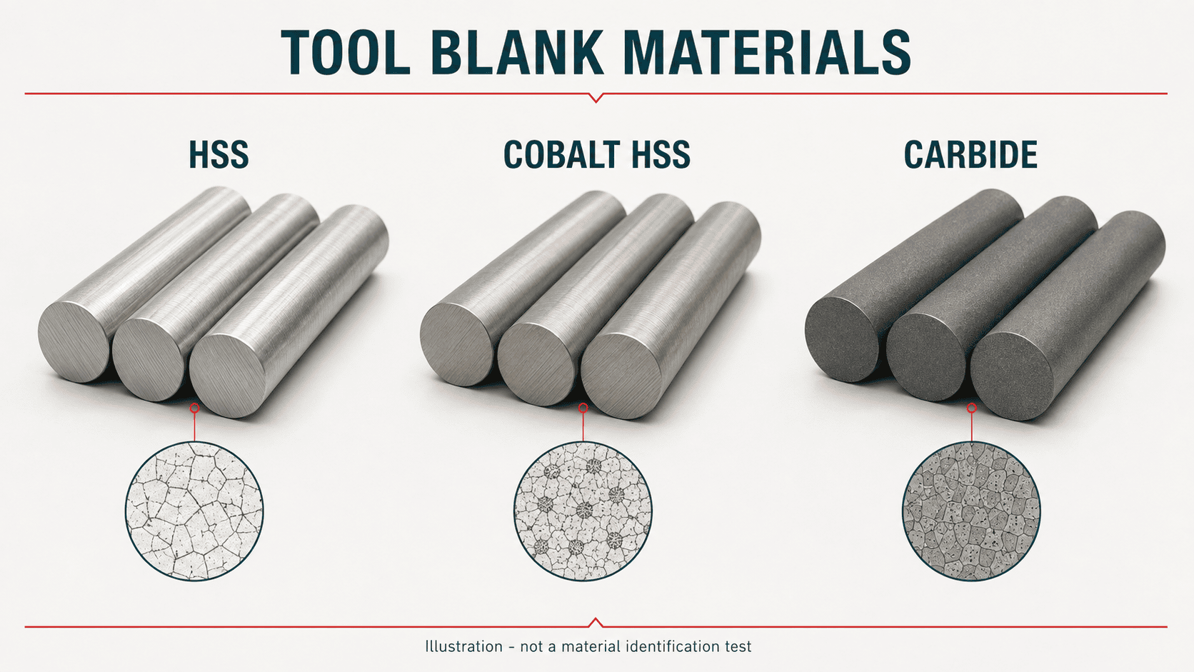 Illustration comparing HSS, cobalt-alloyed HSS and carbide tool blanks