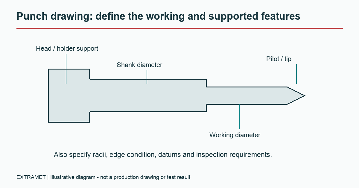 Carbide punch schematic identifying head, shank, working diameter and pilot